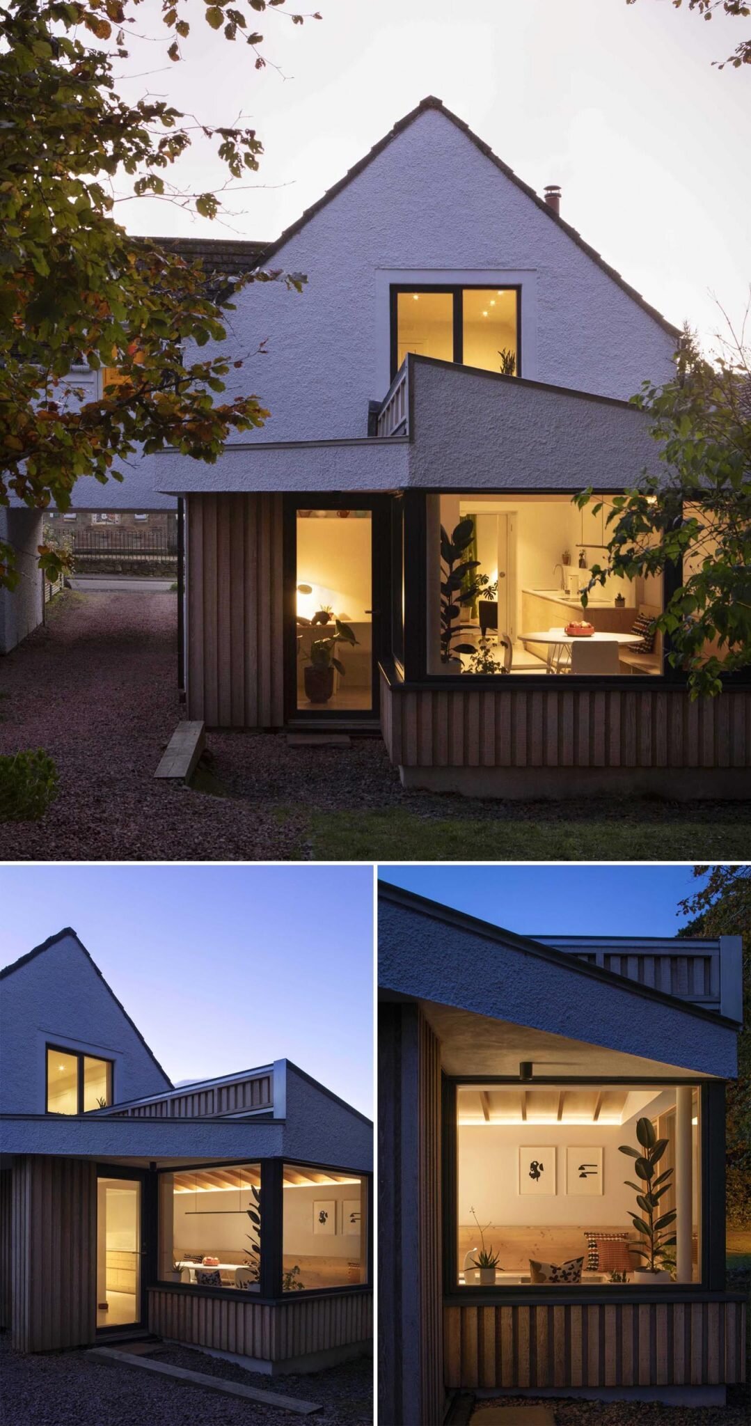 As night falls, interior lighting highlights the exposed timber ceiling, creating a warm glow throughout the extension. Viewed from the garden, the illuminated space showcases the beauty of the wood structure and welcoming atmosphere.