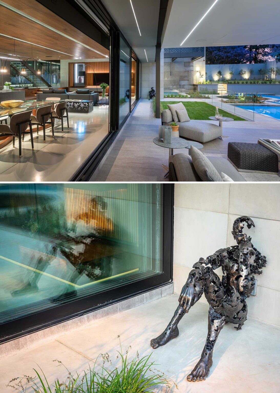 Steel sculptures by Regardt van der Meulen are displayed throughout the home, adding artistic focal points that complement the contemporary architecture.