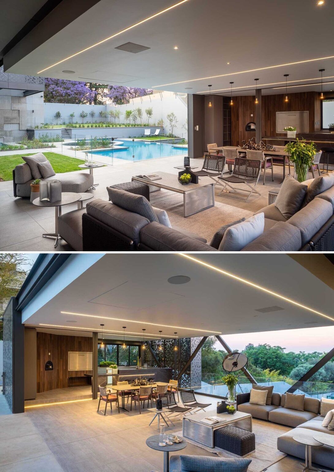 A swimming pool, fire pit, water feature, and shaded lanai create an outdoor entertaining area designed for relaxing and gathering with family and friends.