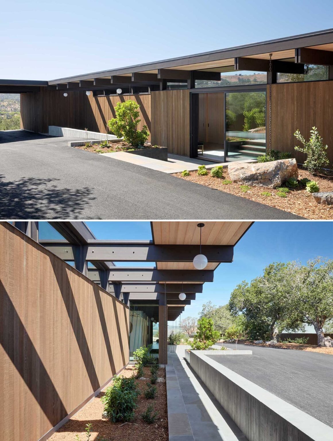 The arrival sequence combines landscaped gardens, warm wood cladding, and a subtle entrance that leads to dramatic valley views beyond.