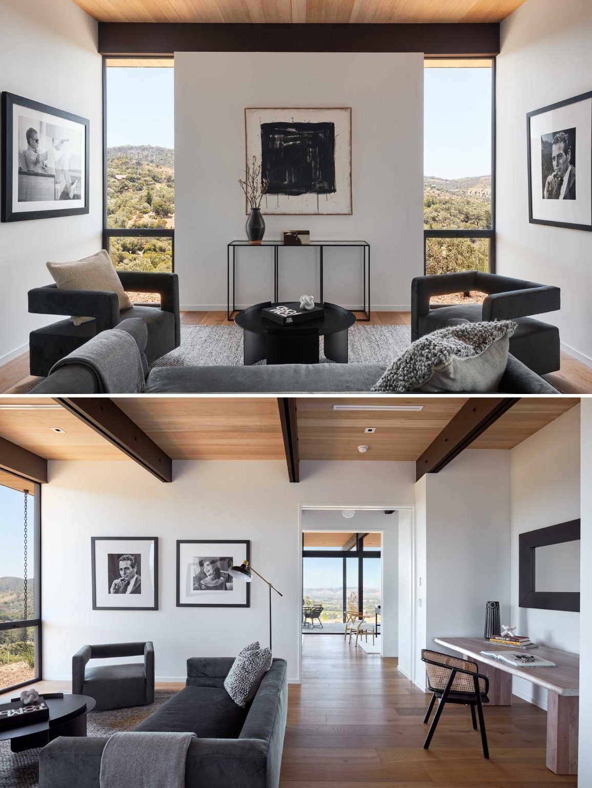 Multiple living areas offer different moods, while wood-lined walls, built-ins, and expansive glazing keep the focus on the surrounding landscape.