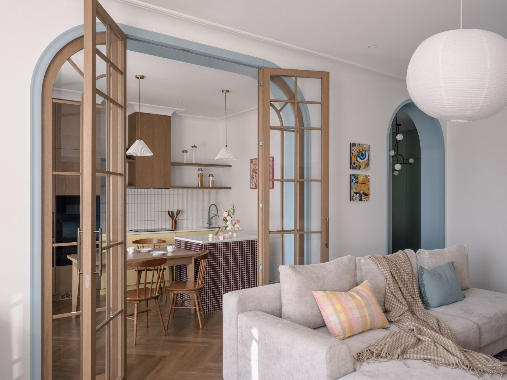 Designed by AiShera Design Bureau in Kazakhstan, this bright family apartment combines soft colors, airy interiors, and smart planning for a growing household.