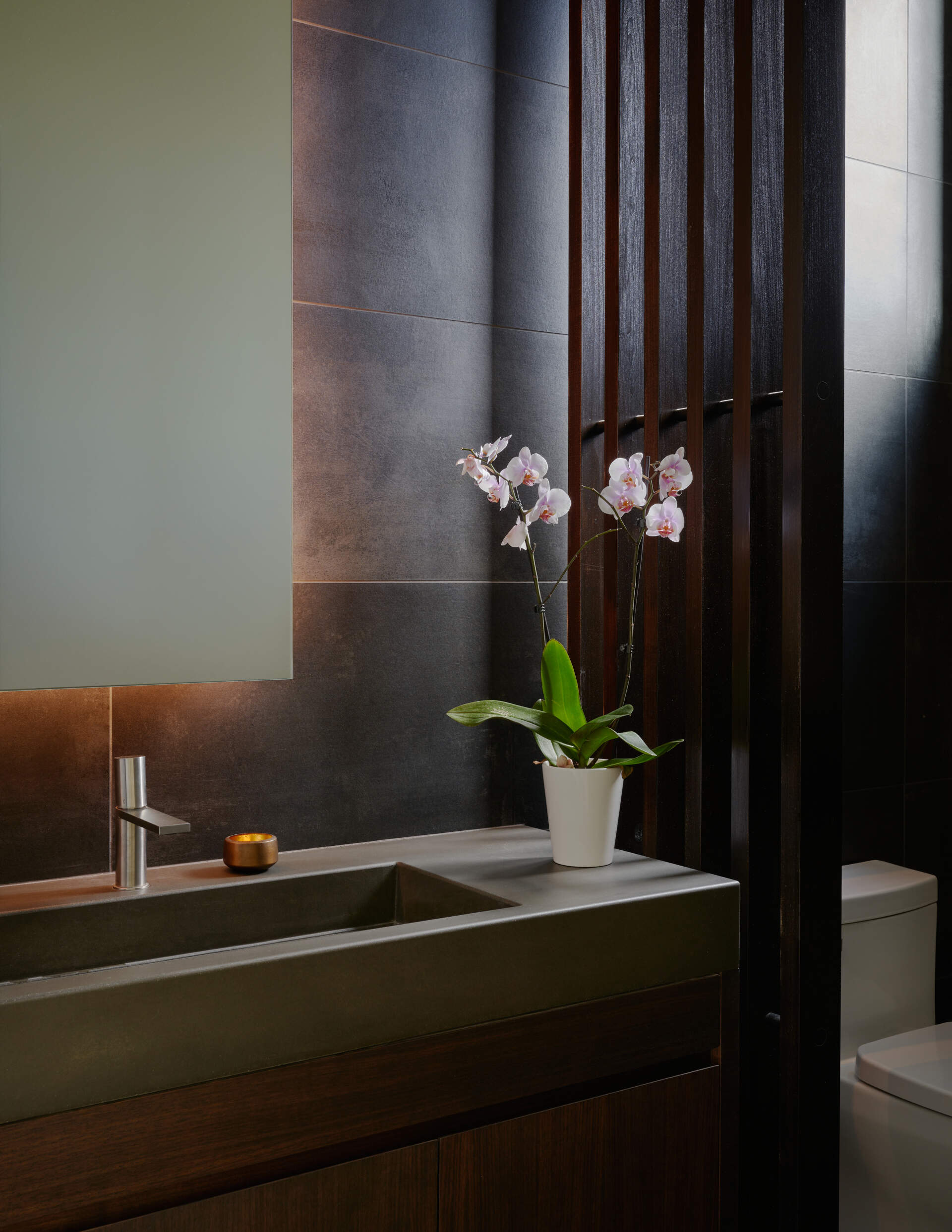 A modern bathroom with a dramatic appearance.