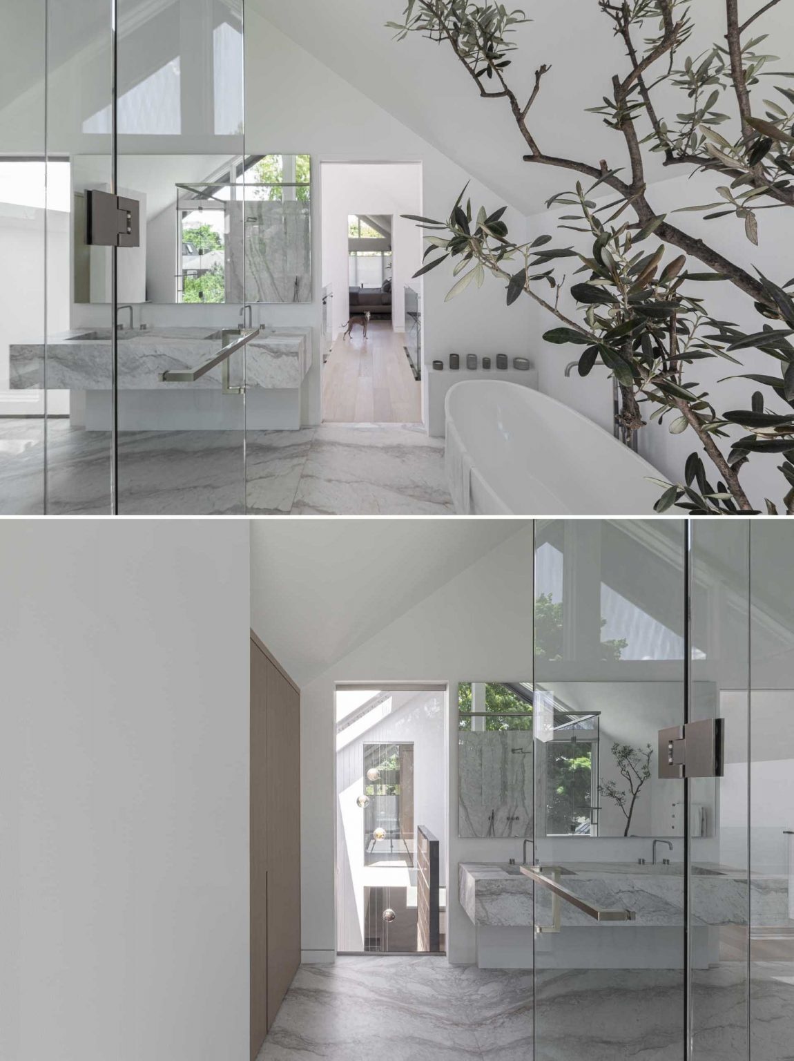Featuring a floating vanity, freestanding bathtub, and glass-enclosed shower, this bathroom embraces a minimalist aesthetic while feeling bright and spacious.