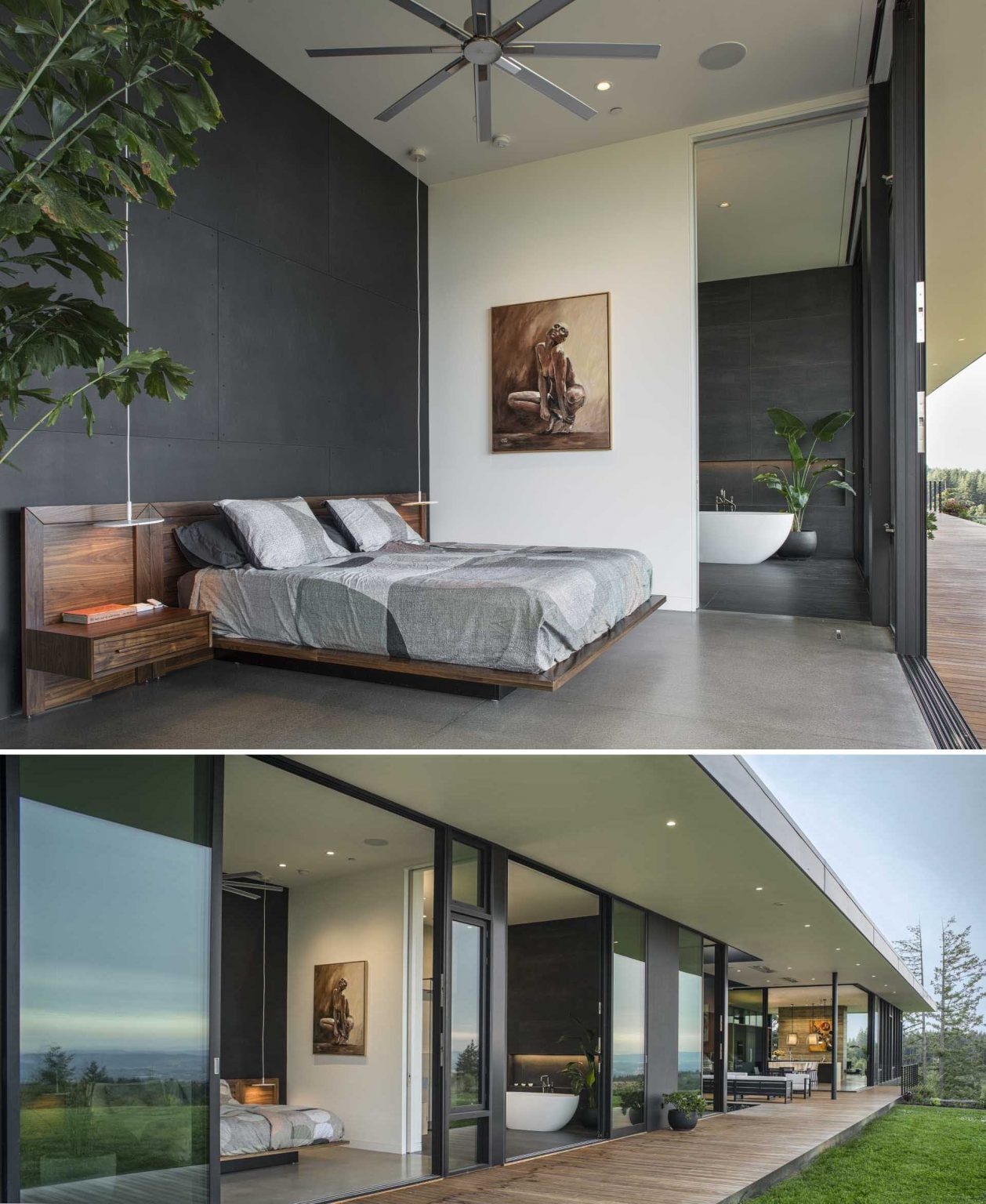 Dark accent walls and warm wood finishes add character to the private areas of the home.