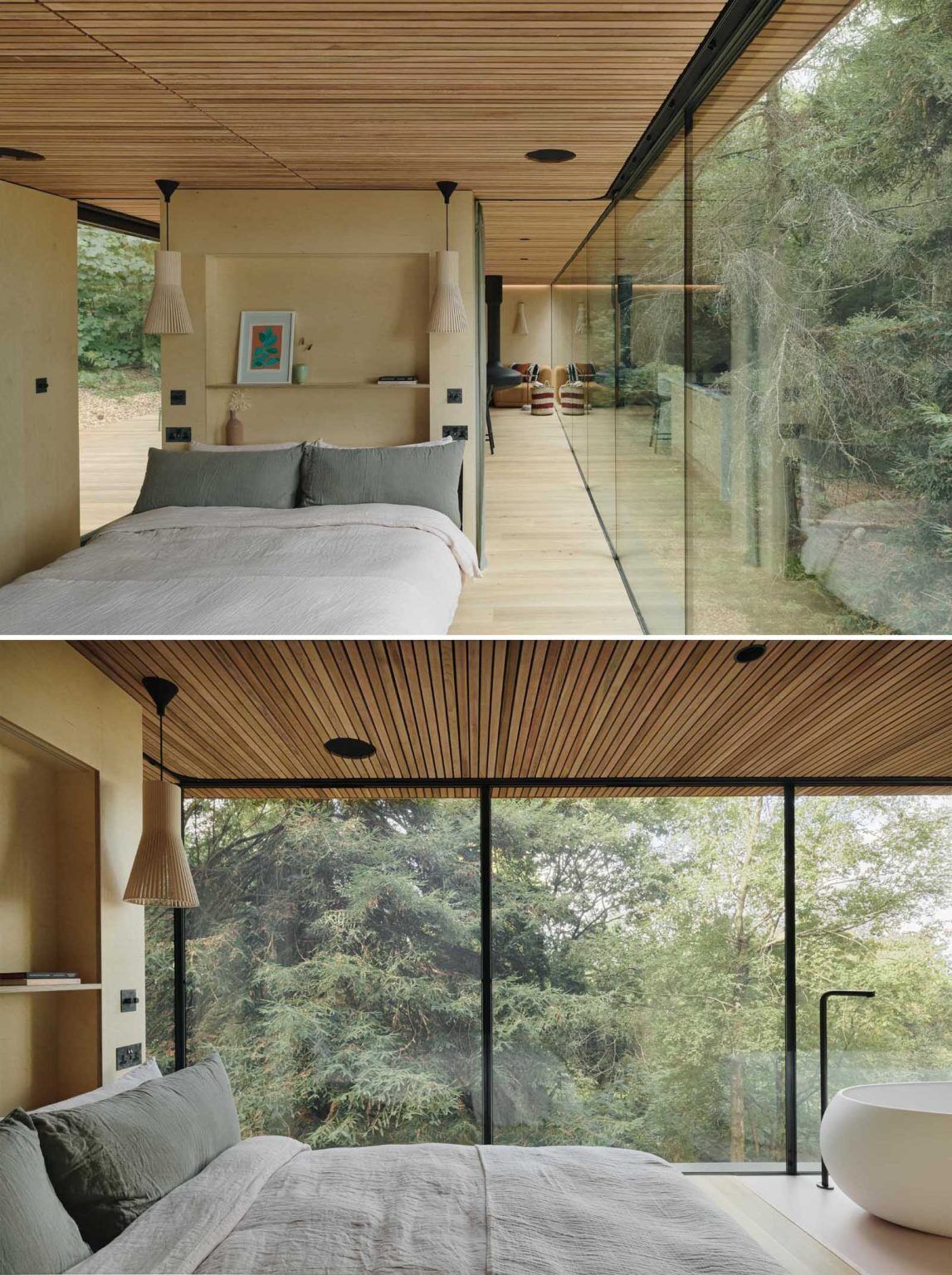 From a freestanding bathtub beside the windows to custom built-in shelving, this bedroom makes the surrounding woodland part of the interior experience.
