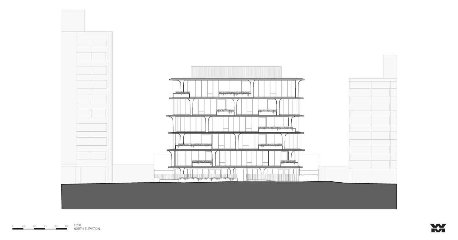 The architectural elevations reveal the flowing geometry, sculptural columns, and organic forms that make No. 6 Sydney Street a standout residential project.