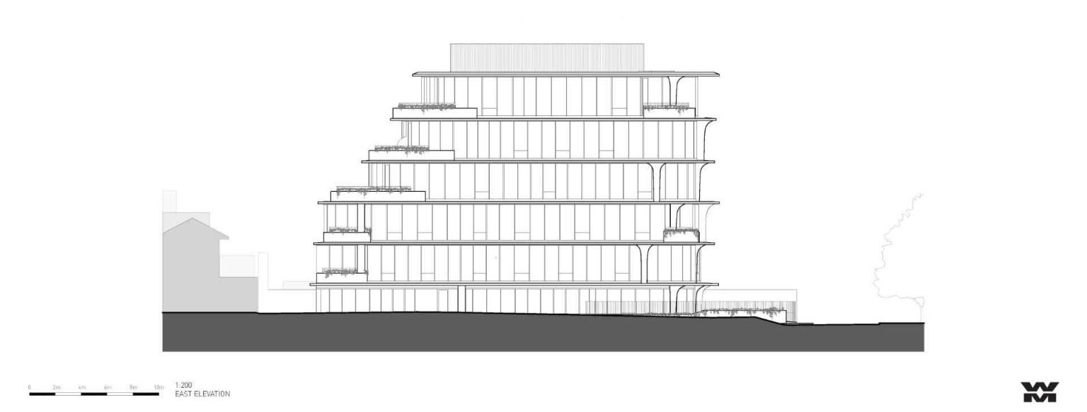 The architectural elevations reveal the flowing geometry, sculptural columns, and organic forms that make No. 6 Sydney Street a standout residential project.