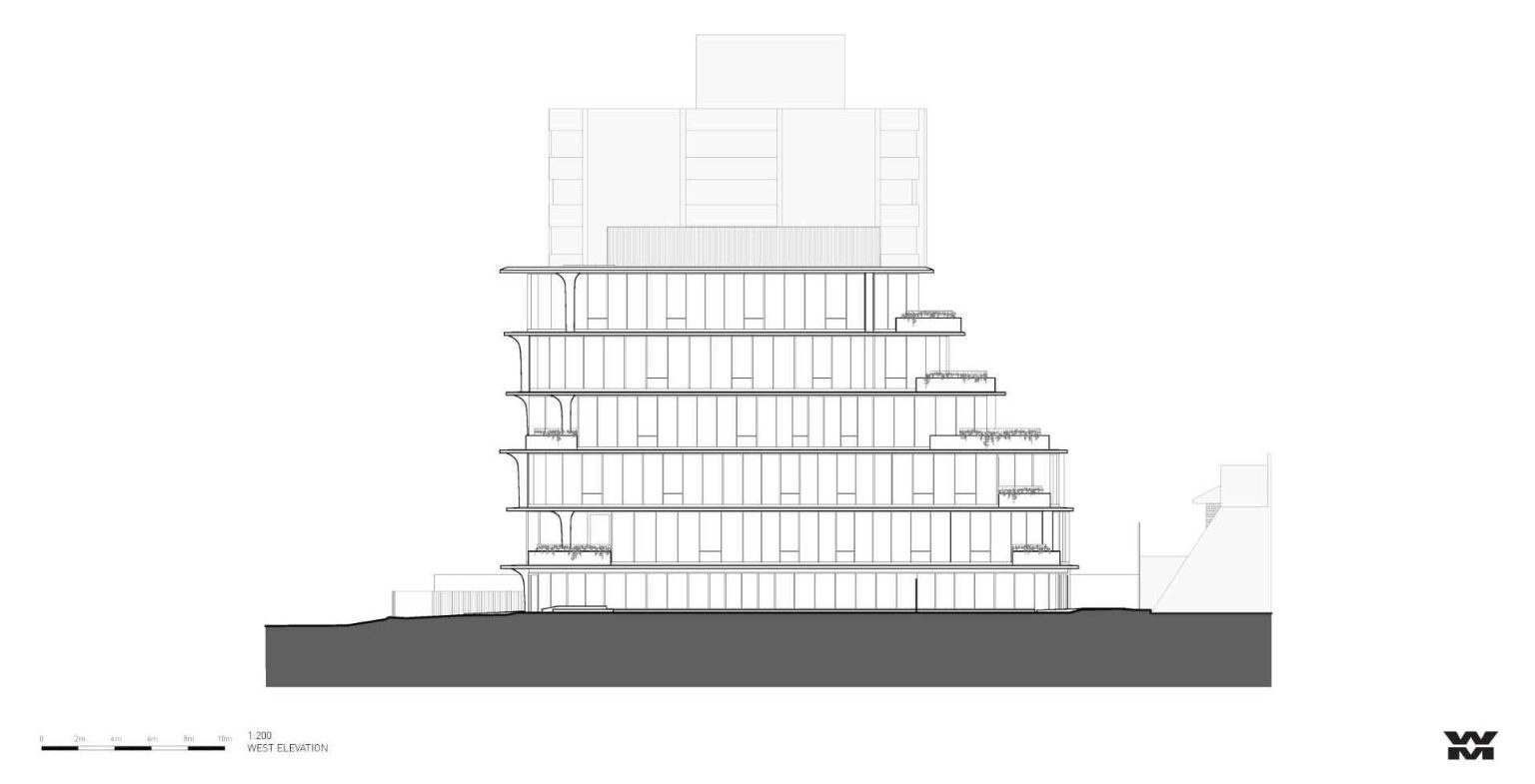 The architectural elevations reveal the flowing geometry, sculptural columns, and organic forms that make No. 6 Sydney Street a standout residential project.