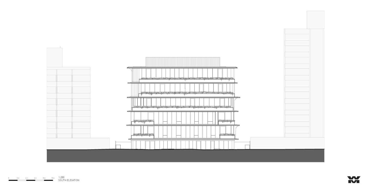 The architectural elevations reveal the flowing geometry, sculptural columns, and organic forms that make No. 6 Sydney Street a standout residential project.