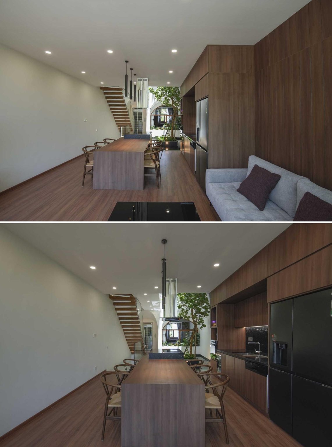 Wood finishes, indoor greenery, and an open-plan layout create warm and inviting living spaces inside this modern family home.