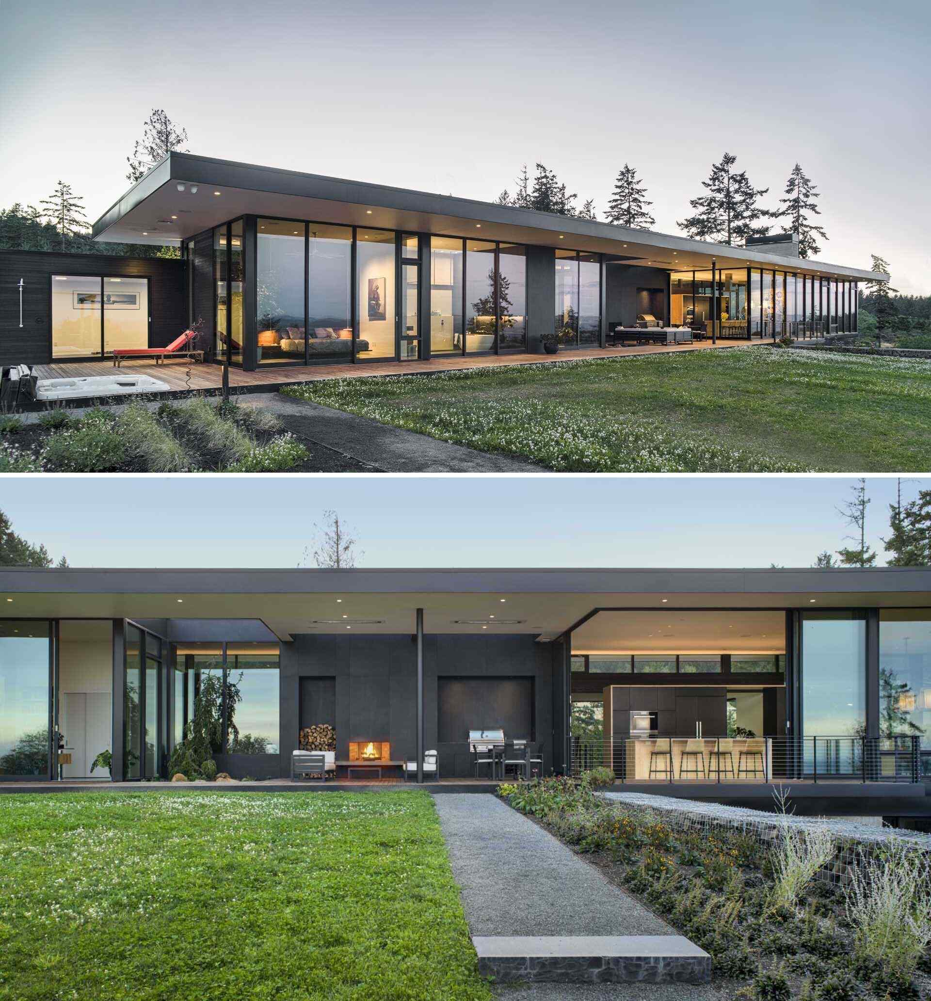Floor-to-ceiling windows, sliding glass doors, and covered outdoor spaces help this Oregon home embrace its mountain surroundings from every angle.