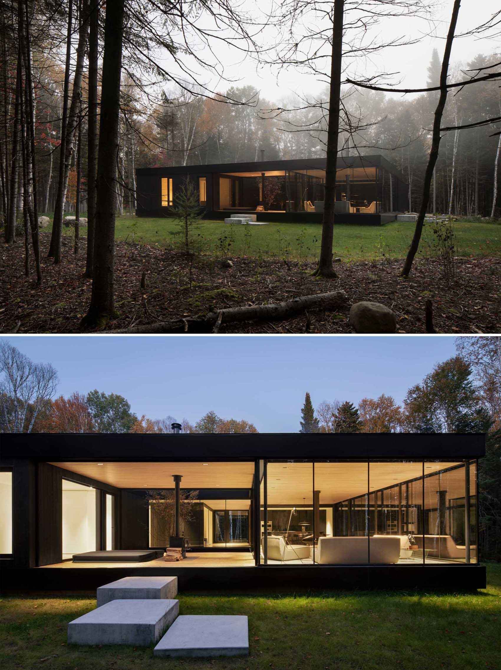 Apple Tree House is composed of clean box-like forms and glass walls, creating a strong connection between structure and surrounding forest.