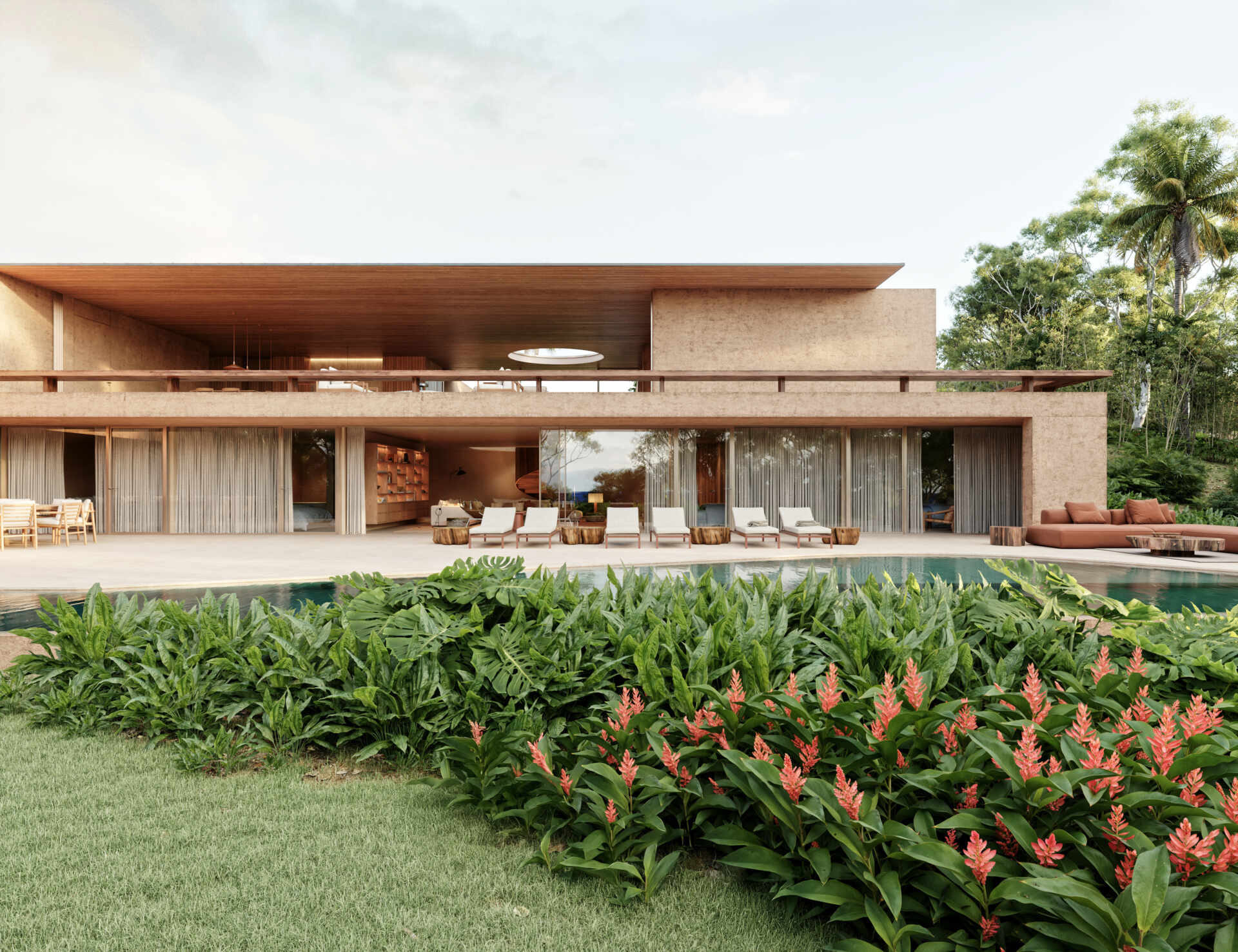 A modern house design with open plan living spaces.