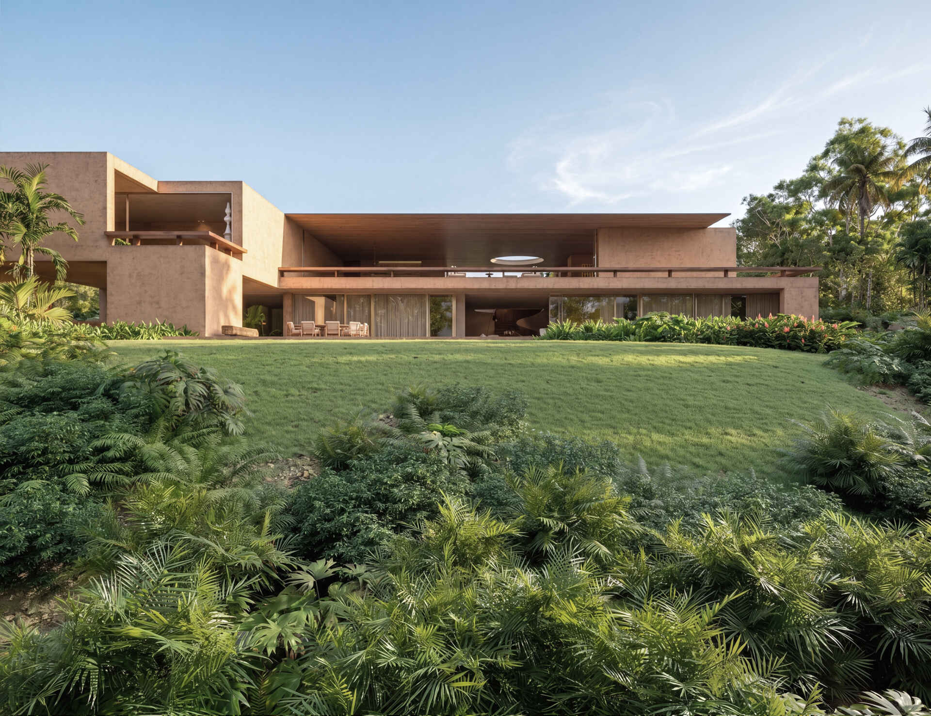 A modern house design with open plan living spaces.