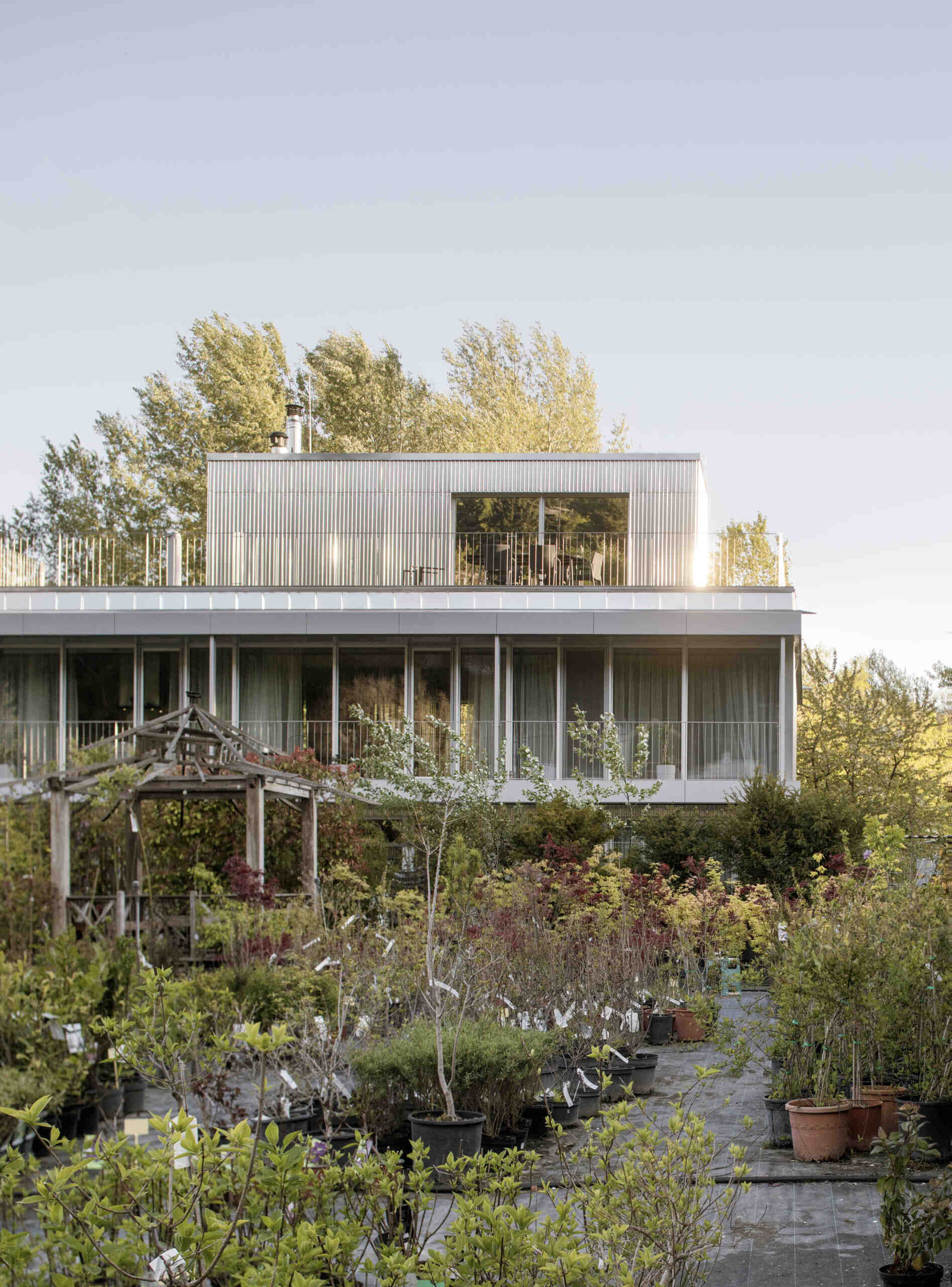 Set between the Carpathian foothills and the Danube River, this modern house features elevated living spaces, flexible interiors, panoramic views, a rooftop terrace, and a reflective raw aluminum facade that changes with the light throughout the day.