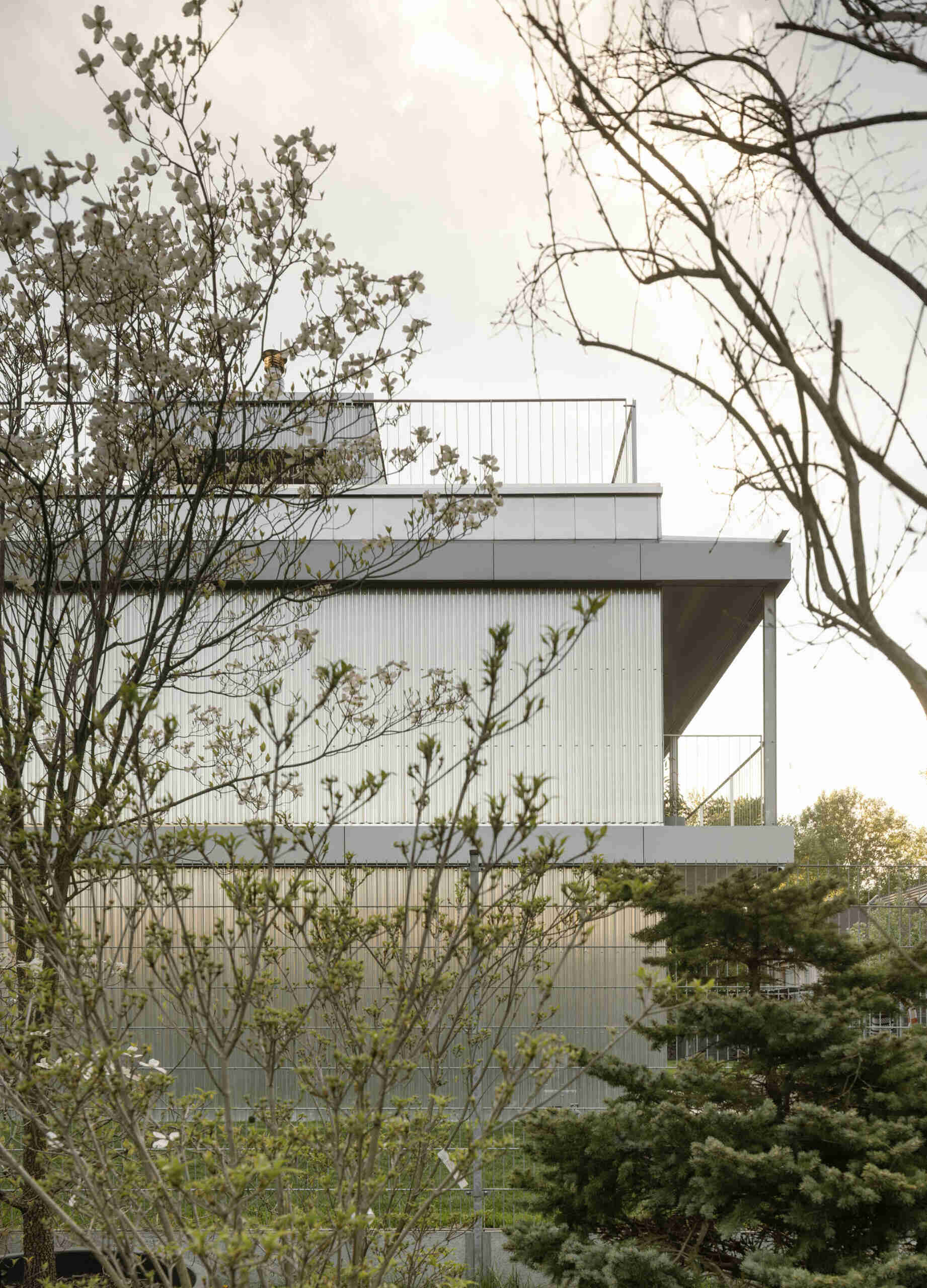 Set between the Carpathian foothills and the Danube River, this modern house features elevated living spaces, flexible interiors, panoramic views, a rooftop terrace, and a reflective raw aluminum facade that changes with the light throughout the day.