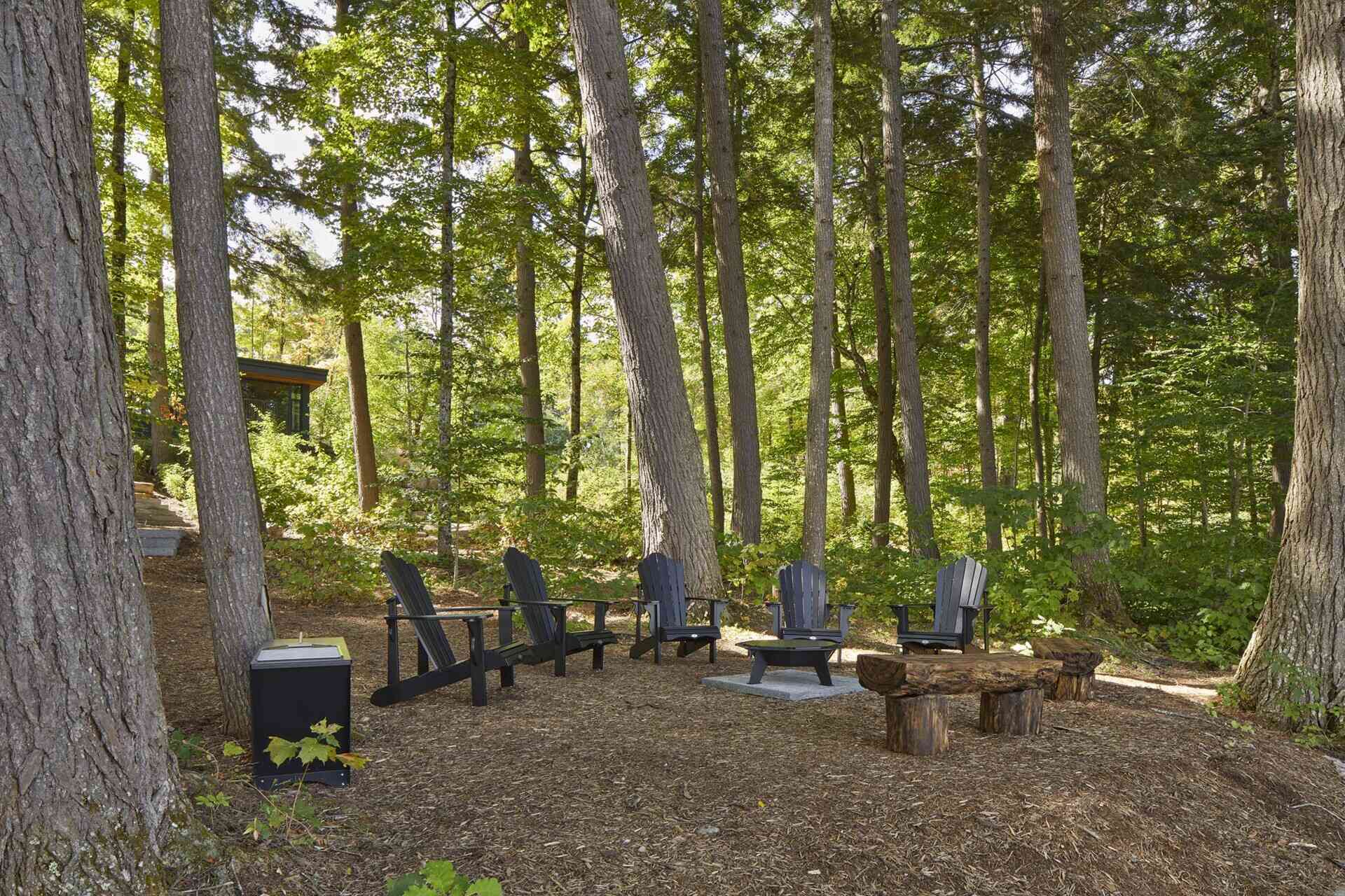 A lakeside cottage with a firepit area surrounded by seating.