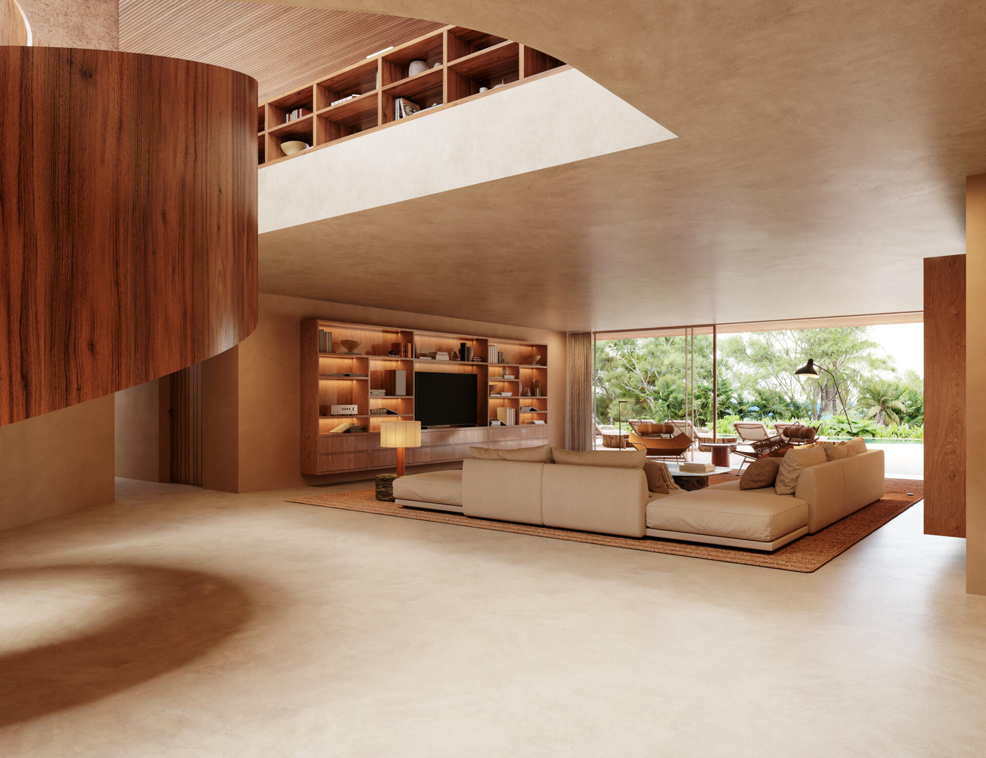 A modern media room with wood shelving surrounding the tv.