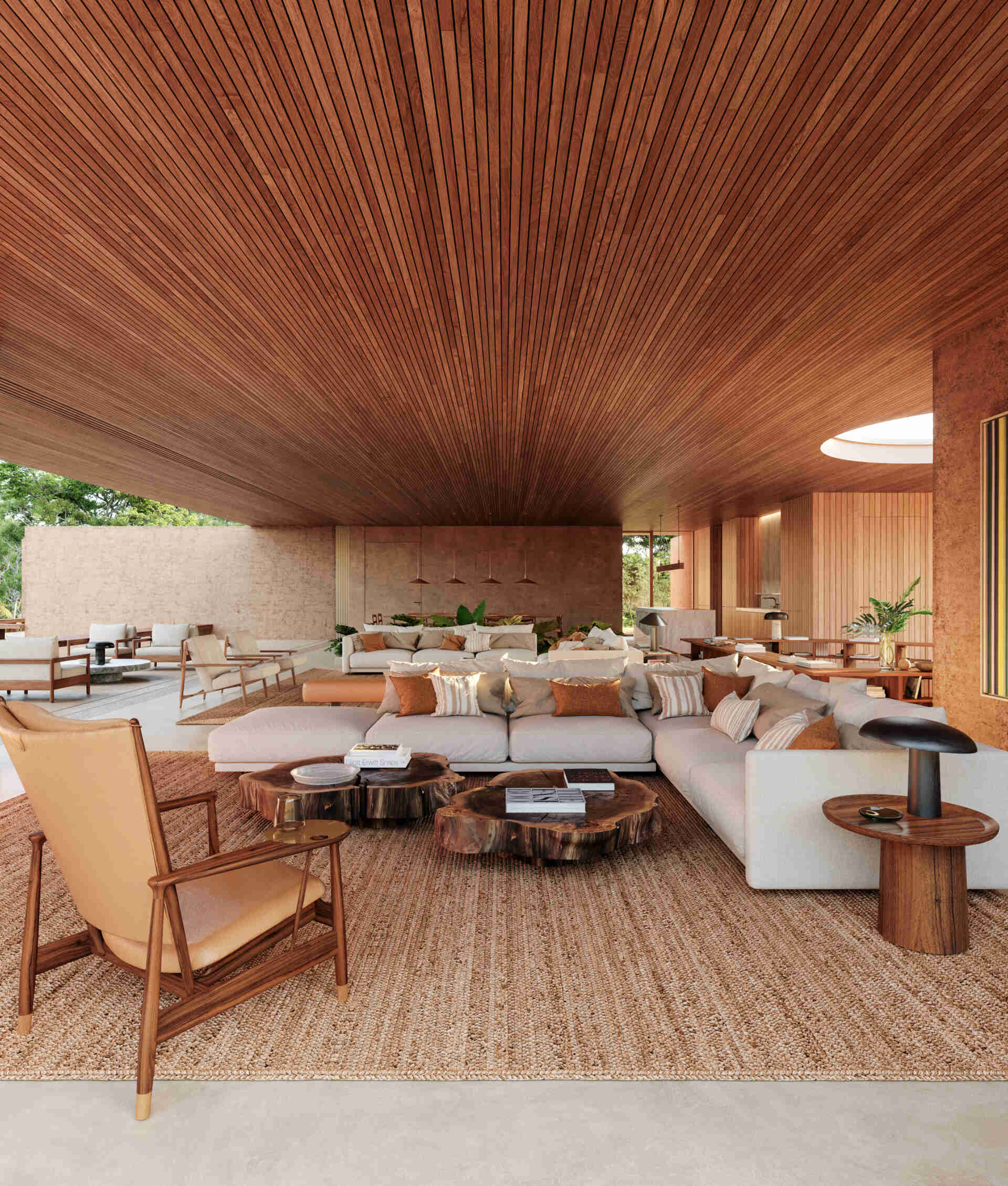 A modern open plan living space with an expansive wood ceiling.