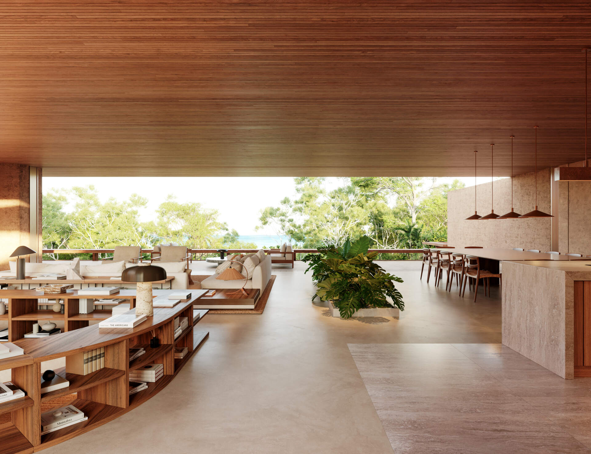 A modern open plan living space with an expansive wood ceiling.