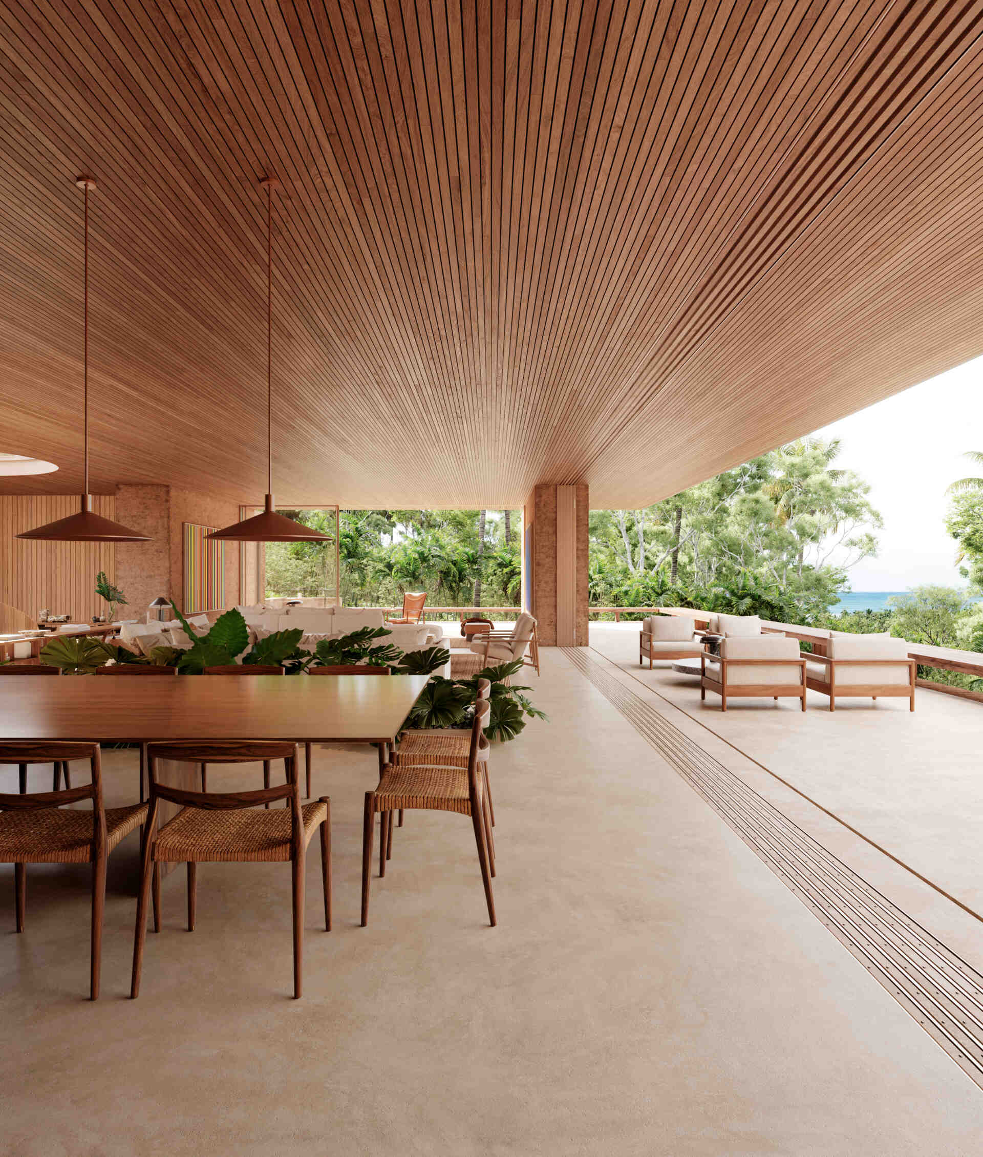 A modern open plan living space with an expansive wood ceiling.