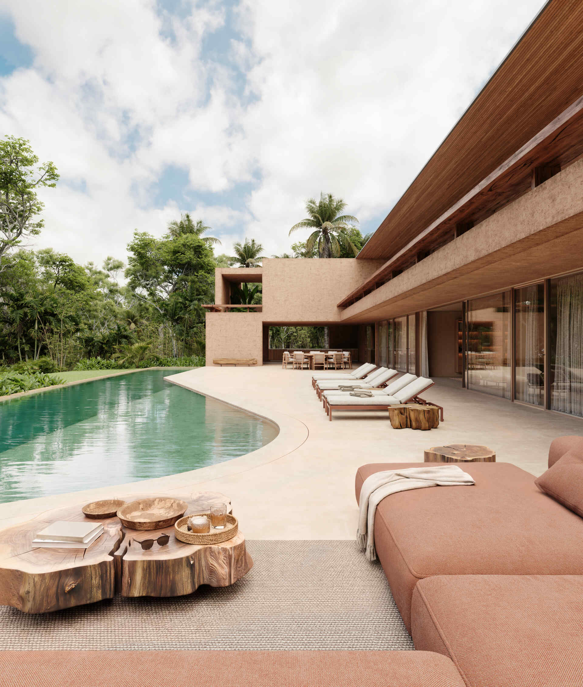 A modern house with a swimming pool that includes an elegant curve.