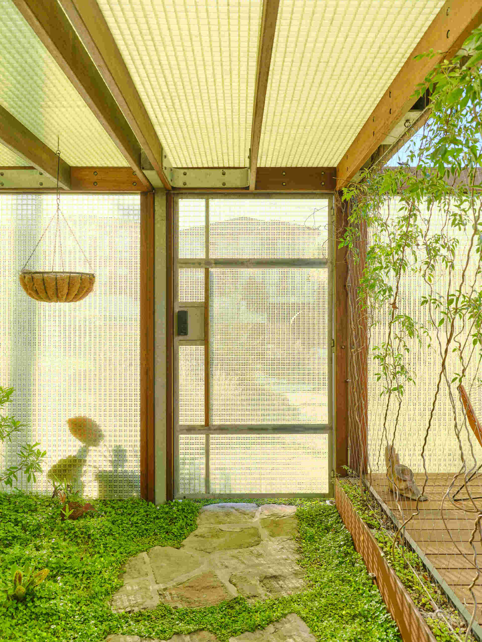 This garden entry path winds through lush planting and translucent screens, creating a welcoming arrival experience filled with greenery and filtered light.