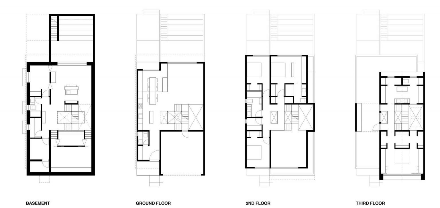 The floor plans reveal how public, transitional, and private spaces are organized vertically through the home, all connected by a dramatic central staircase.
