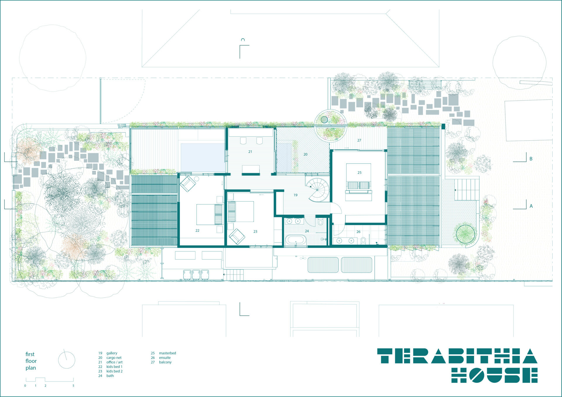 The floor plans show how Terabithia House steps down a steep Sydney site while maximising views, light, and functionality.
