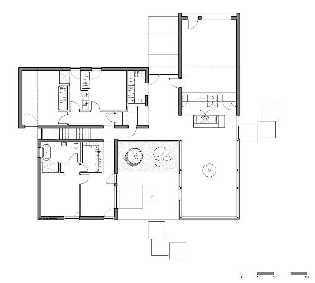 The floor plan shows a clear division between social areas and private zones, arranged around a central forest-facing layout.