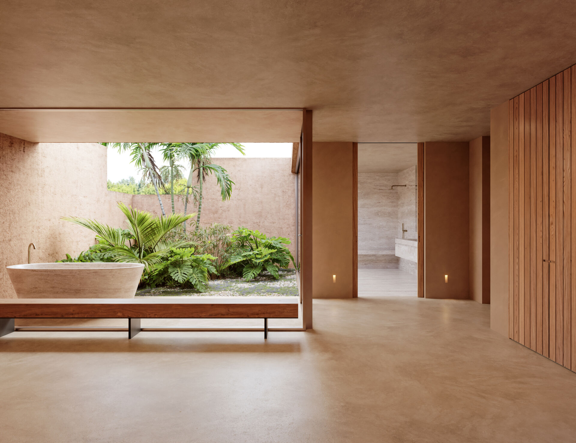 A modern open bathroom design with an outdoor bathtub.