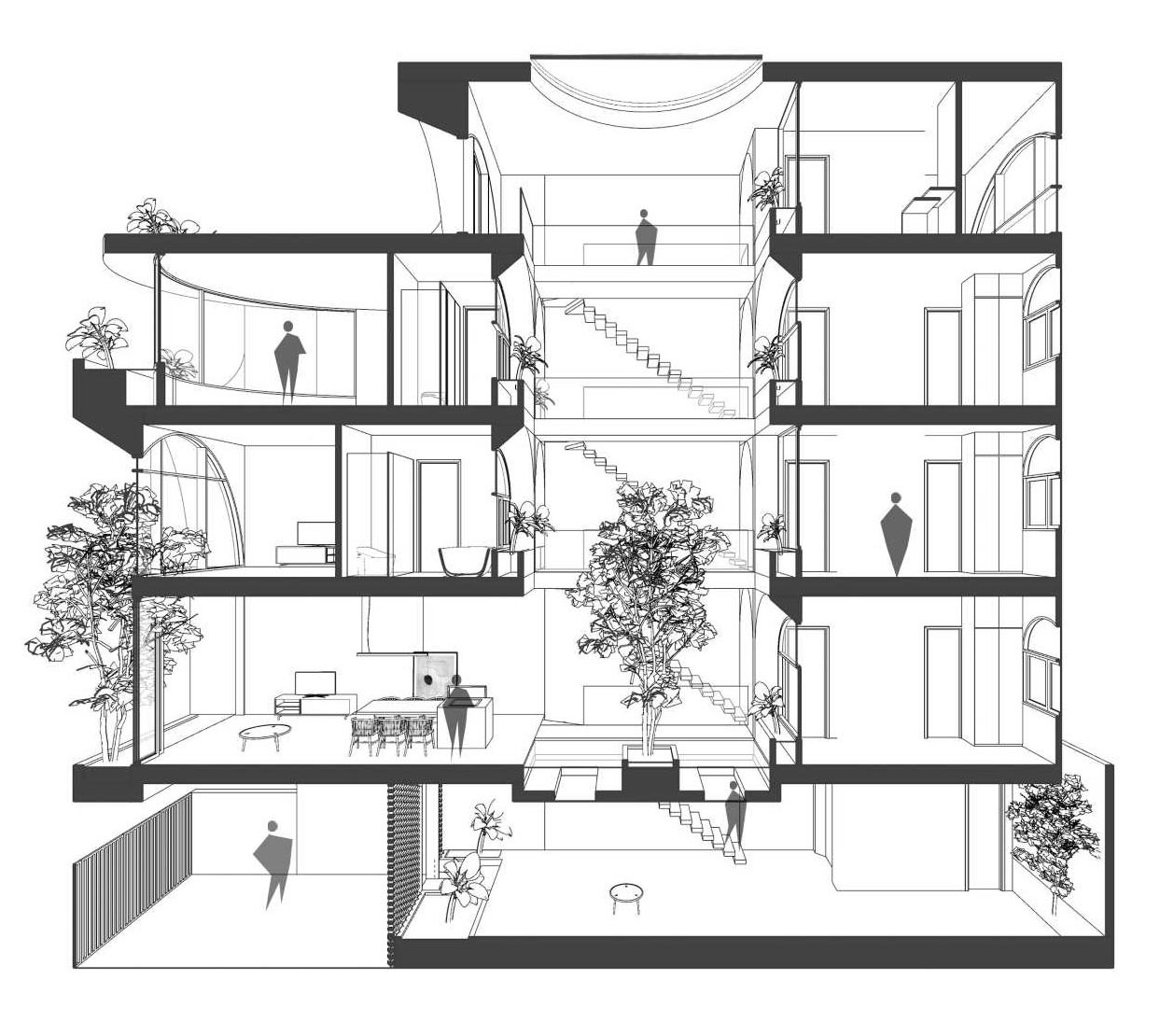 See how 85 Design transformed a narrow urban plot into a bright family home with an atrium, rooftop garden, indoor greenery, and a stunning arched facade.
