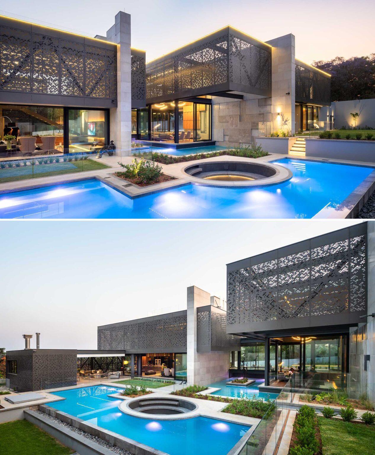 A swimming pool, fire pit, water feature, and shaded lanai create an outdoor entertaining area designed for relaxing and gathering with family and friends.