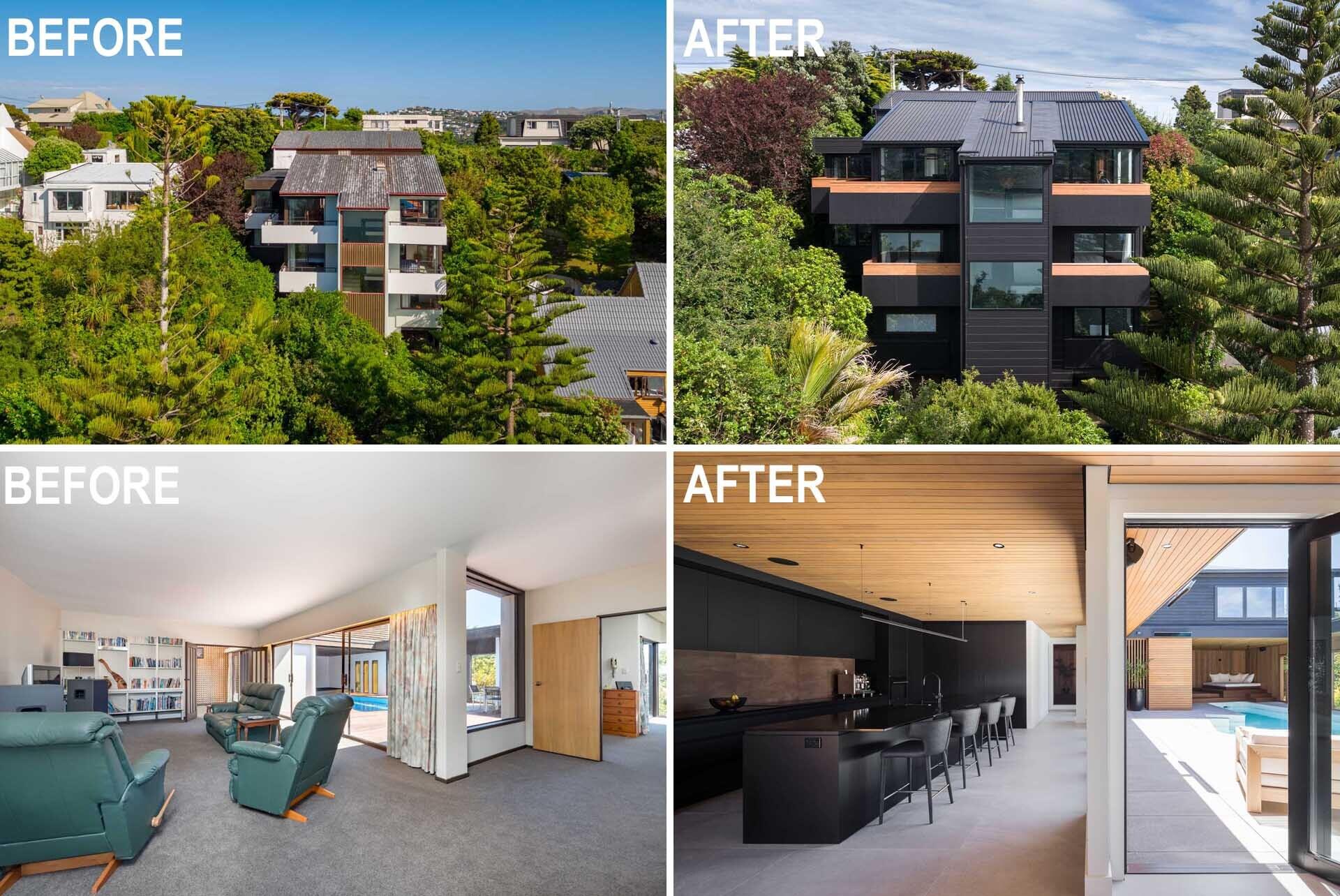 Black cladding, timber accents, and modern detailing give this 1970s Wellington home a bold new look while respecting its original modernist architecture.