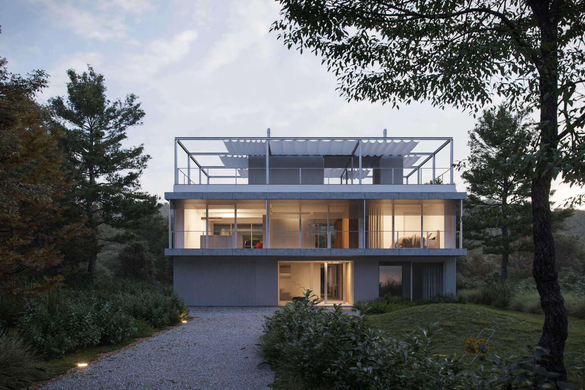 Set between the Carpathian foothills and the Danube River, this modern house features elevated living spaces, flexible interiors, panoramic views, a rooftop terrace, and a reflective raw aluminum facade that changes with the light throughout the day.