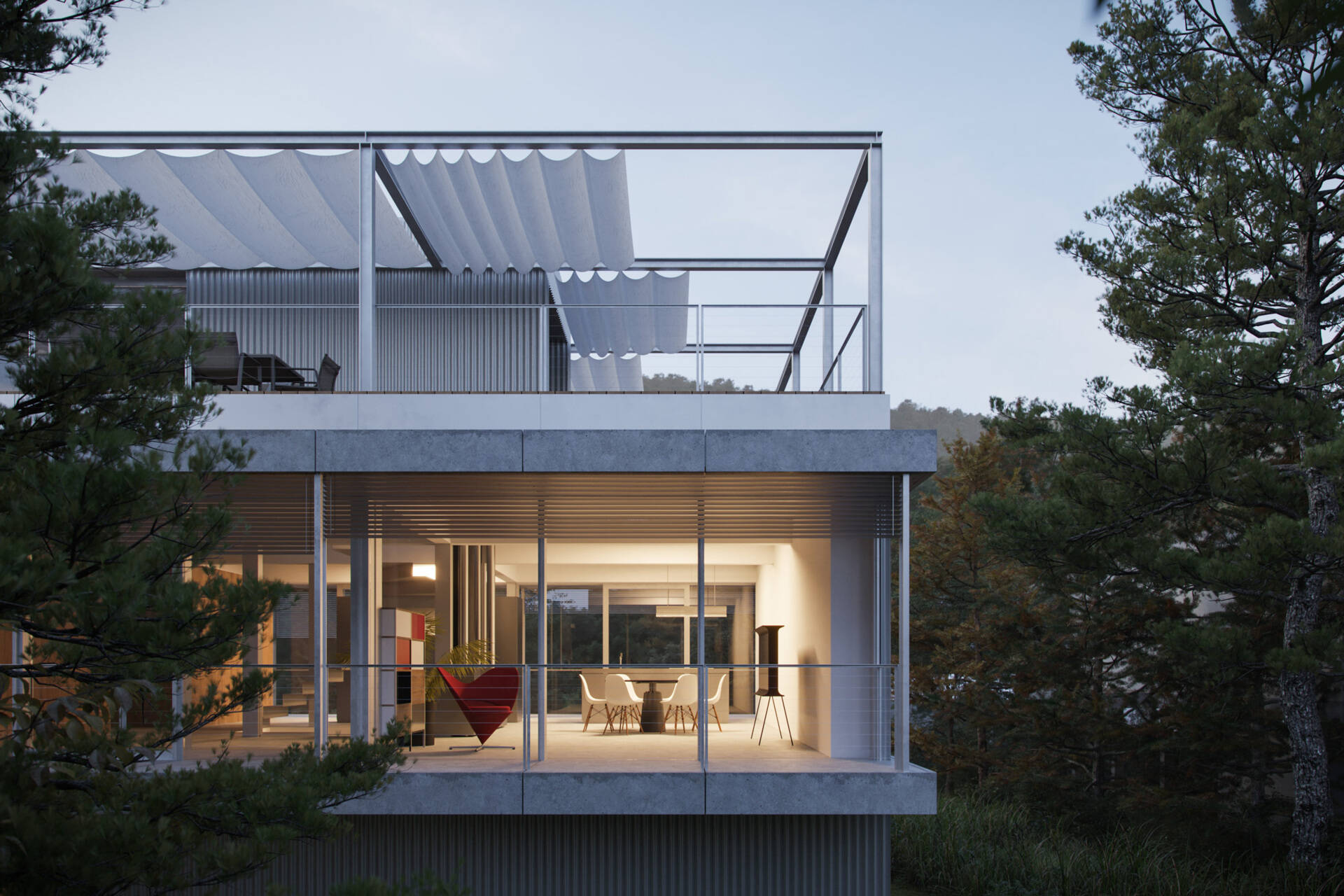 Set between the Carpathian foothills and the Danube River, this modern house features elevated living spaces, flexible interiors, panoramic views, a rooftop terrace, and a reflective raw aluminium façade that changes with the light throughout the day.