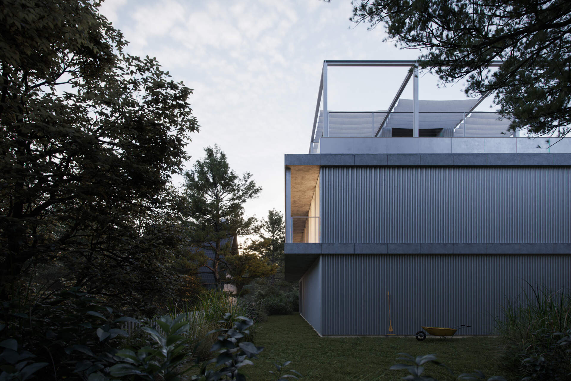 Set between the Carpathian foothills and the Danube River, this modern house features elevated living spaces, flexible interiors, panoramic views, a rooftop terrace, and a reflective raw aluminium façade that changes with the light throughout the day.