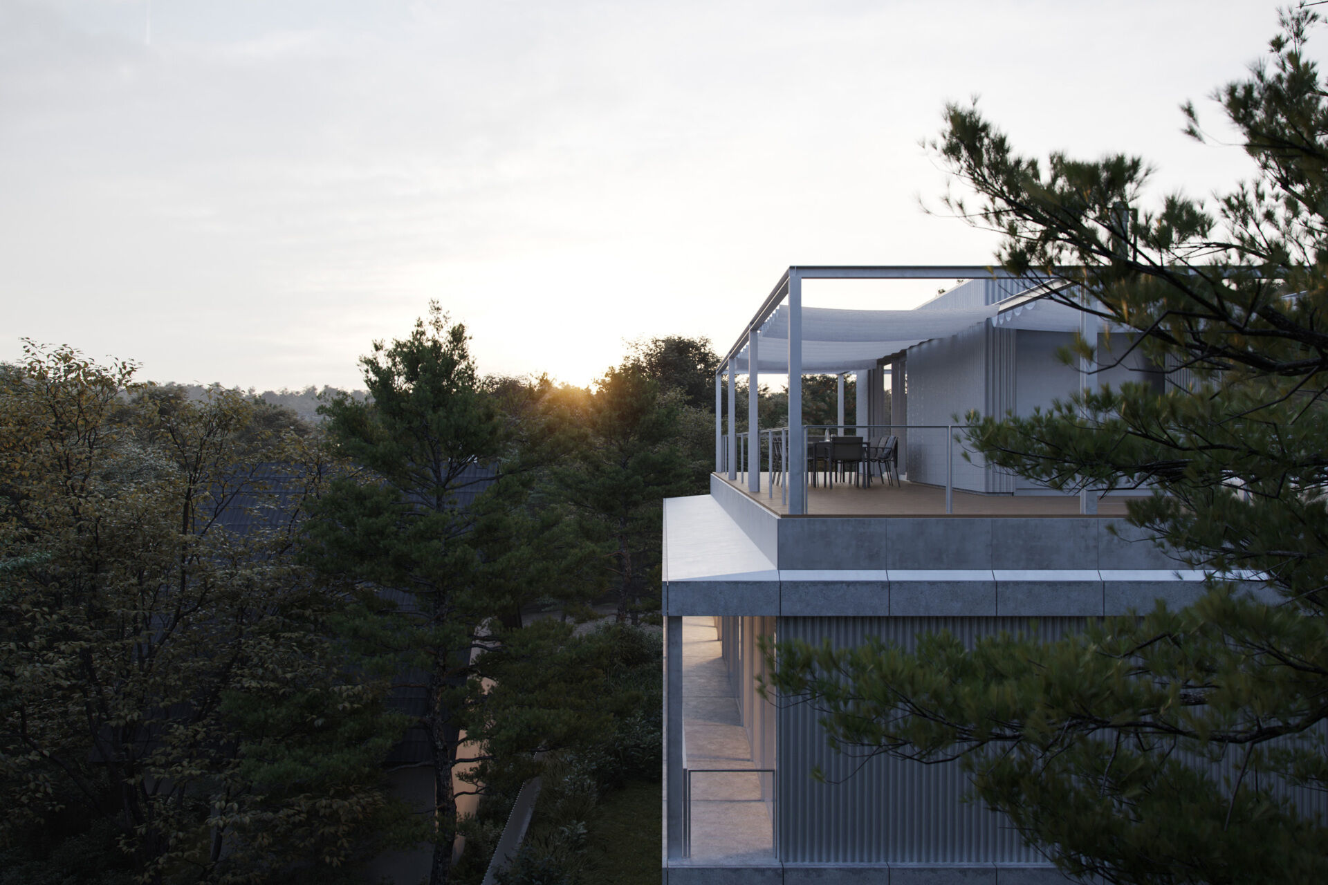 Set between the Carpathian foothills and the Danube River, this modern house features elevated living spaces, flexible interiors, panoramic views, a rooftop terrace, and a reflective raw aluminium façade that changes with the light throughout the day.