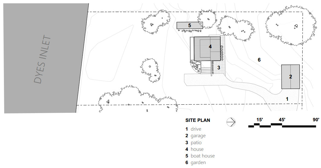 The site's layout balances privacy, family living, and waterfront views through a simple yet highly functional floor plan.