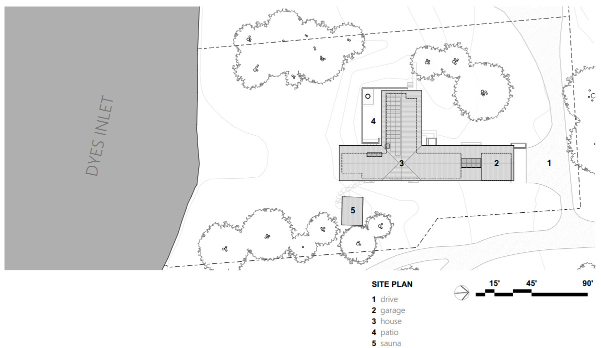 The site's layout balances privacy, family living, and waterfront views through a simple yet highly functional floor plan.