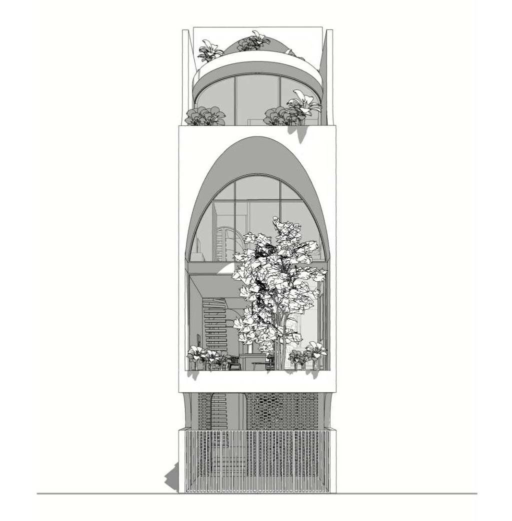See how 85 Design transformed a narrow urban plot into a bright family home with an atrium, rooftop garden, indoor greenery, and a stunning arched facade.