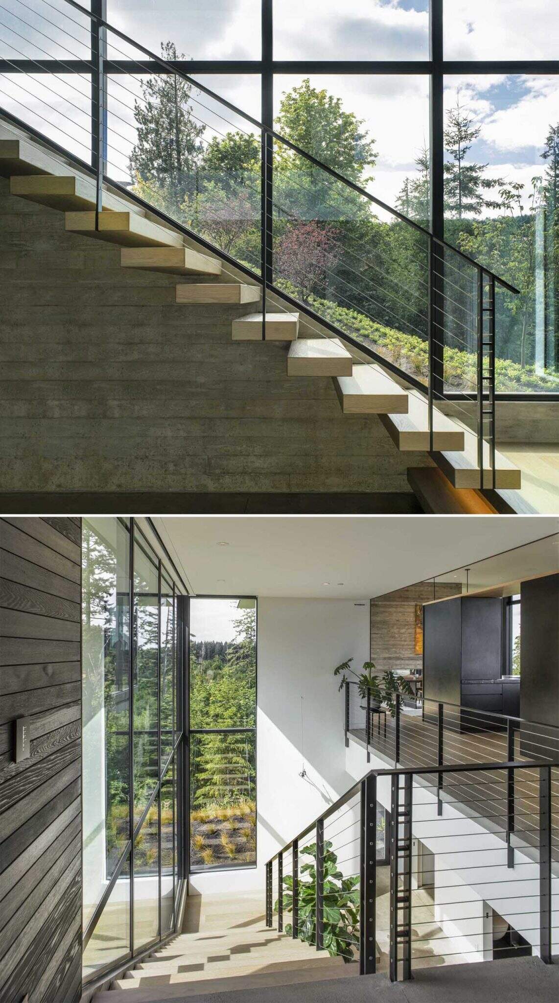 A staircase lined with windows fills the home with natural light and keeps the landscape visible while moving between levels.