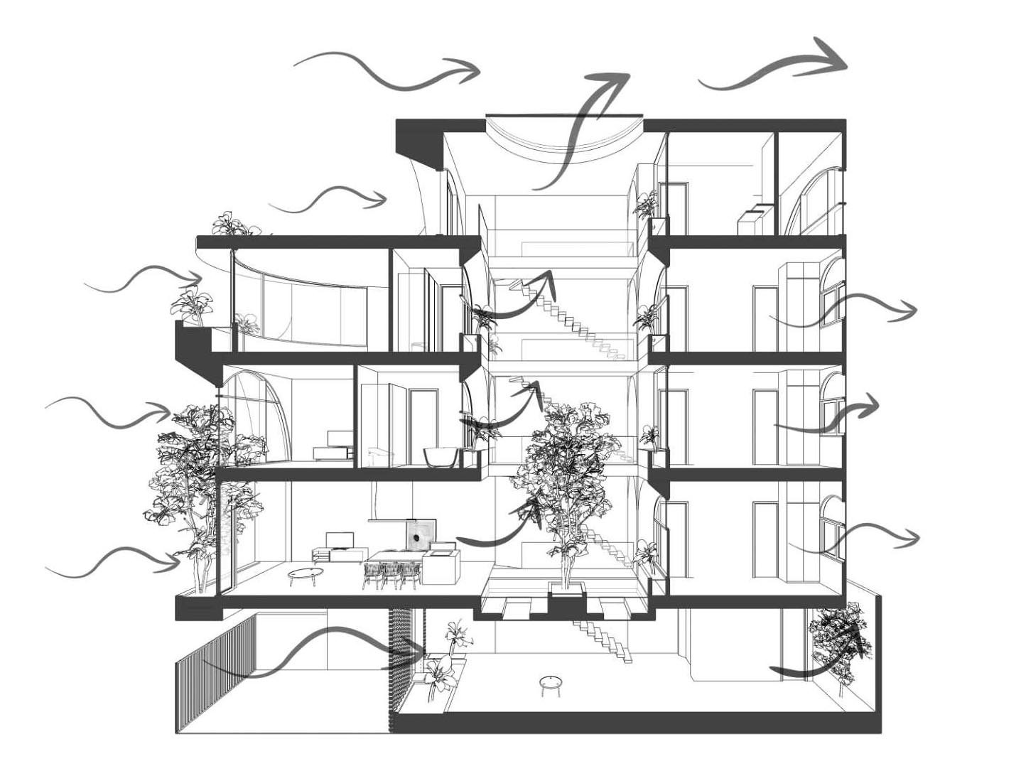 See how 85 Design transformed a narrow urban plot into a bright family home with an atrium, rooftop garden, indoor greenery, and a stunning arched facade.