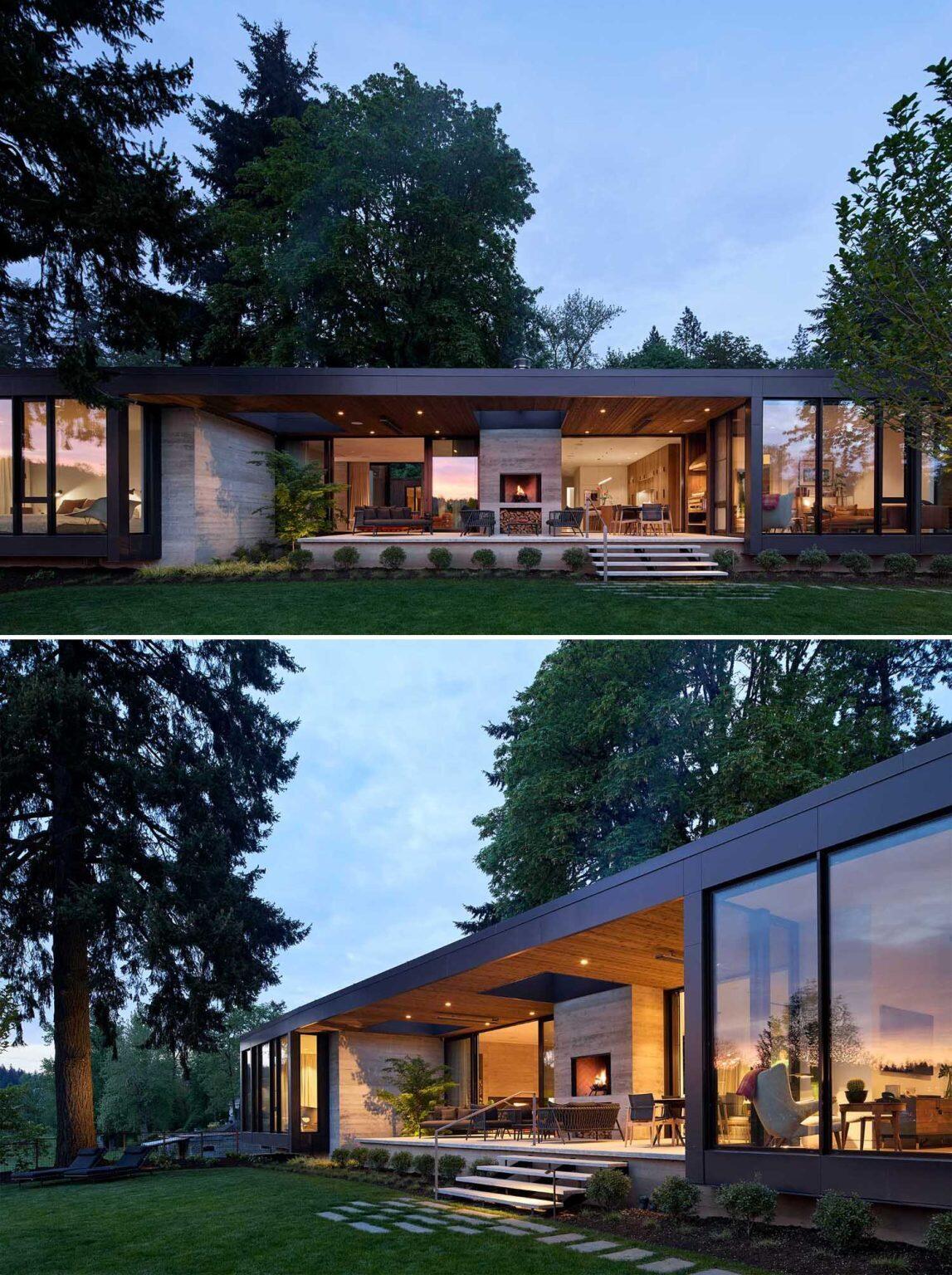 See how lighting and a wood-burning fireplace transform this modern riverfront patio into a cozy evening destination.
