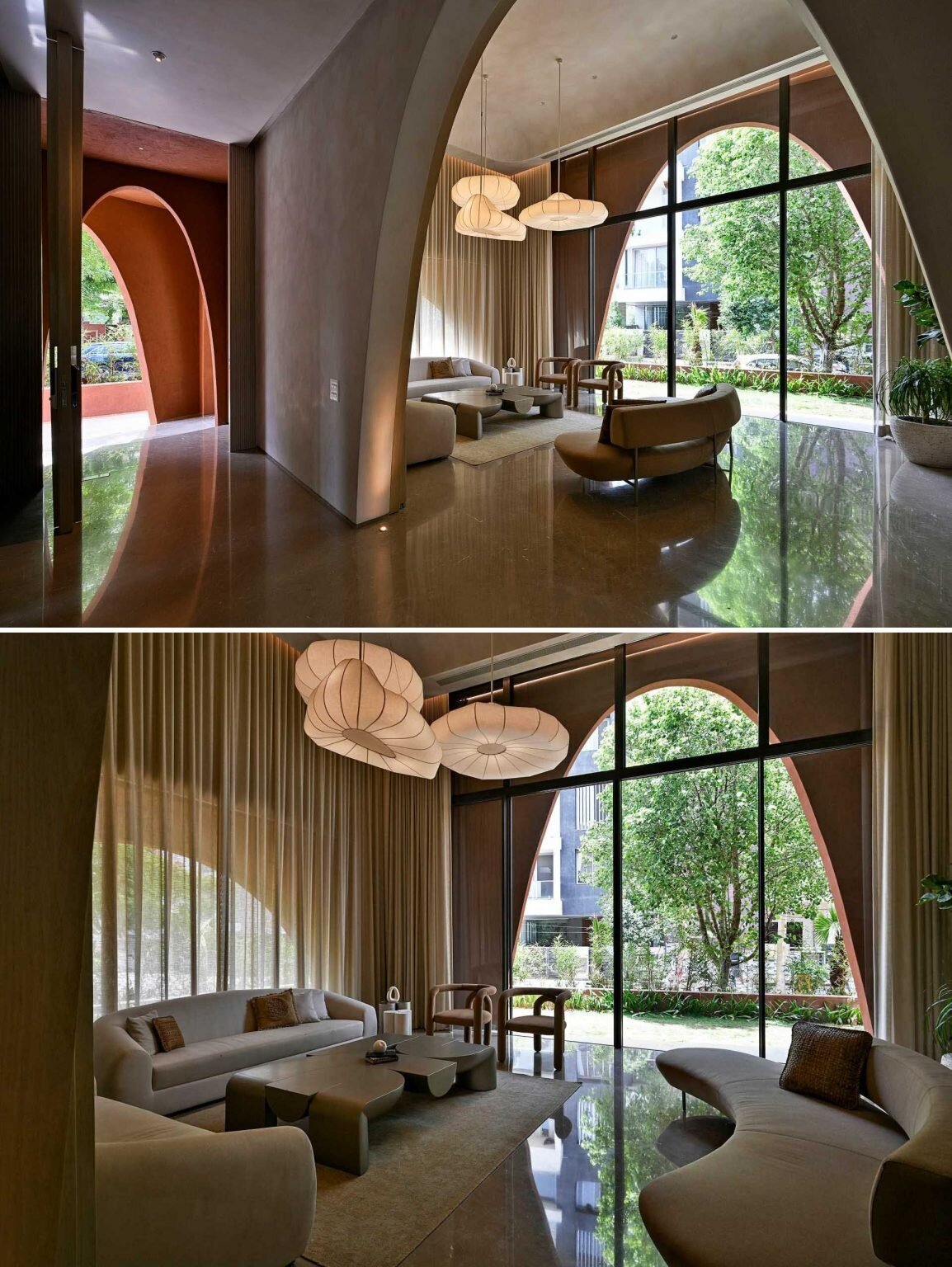 Arches continue indoors, shaping living spaces, framing views, and creating beautiful transitions that bring warmth and character to the home.