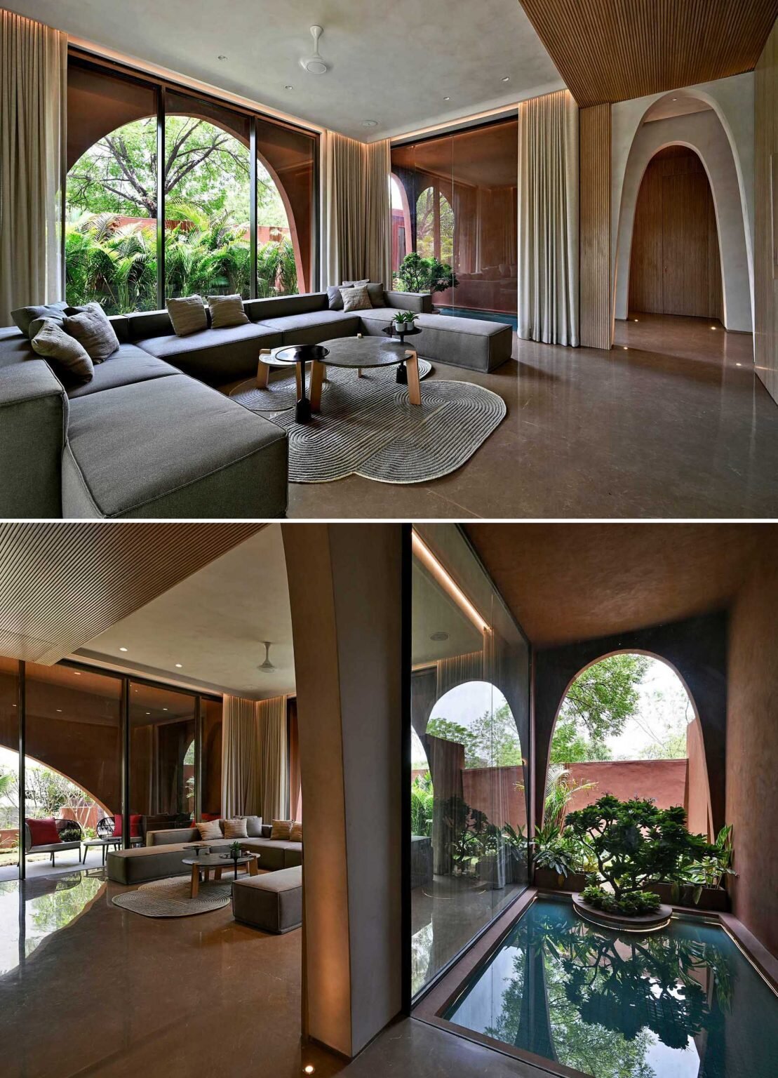 Arches continue indoors, shaping living spaces, framing views, and creating beautiful transitions that bring warmth and character to the home.