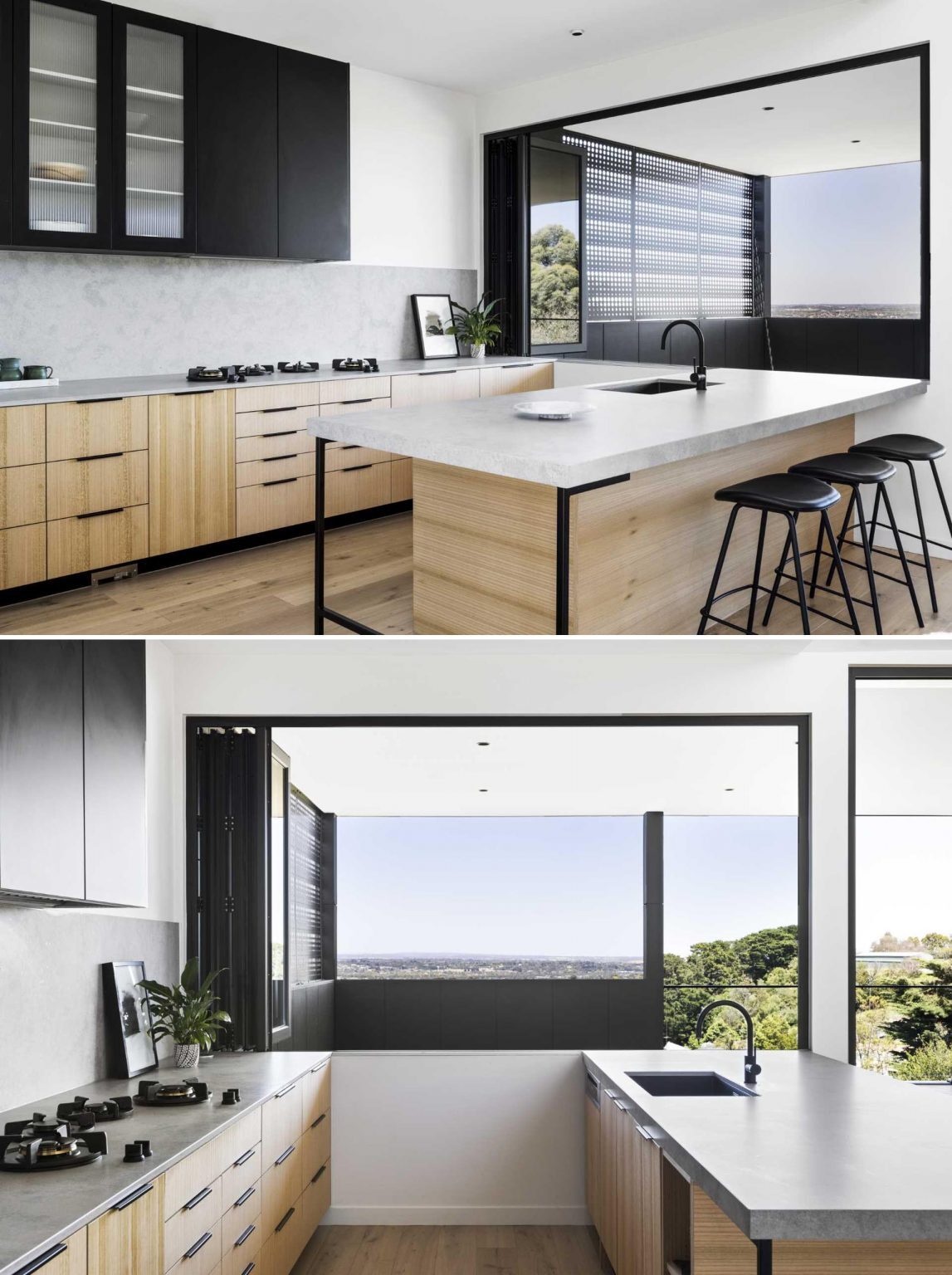 Black cabinetry and white Ash timber veneers give this minimalist kitchen a refined look that feels warm and contemporary.