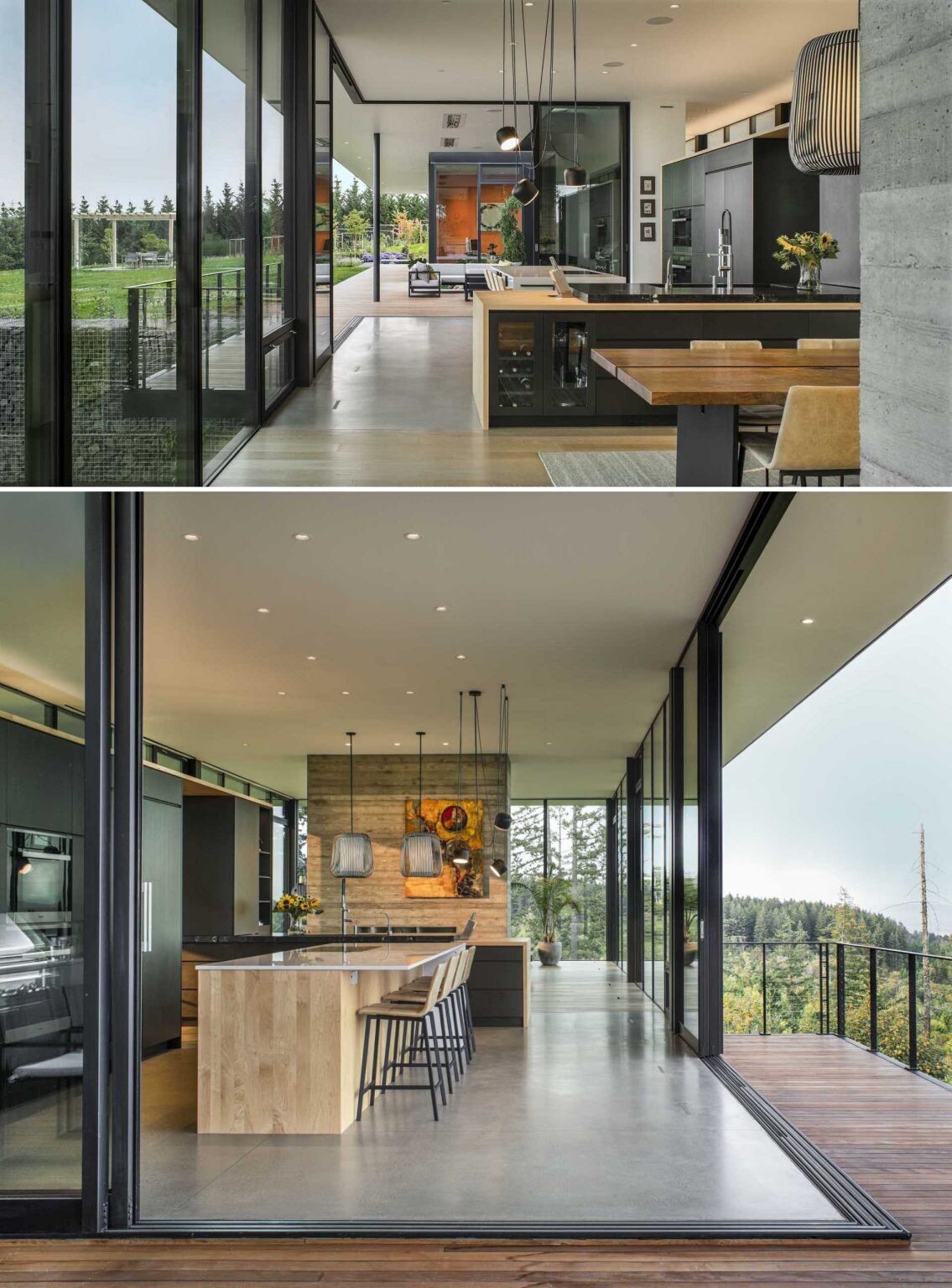 Polished concrete floors, black cabinetry, and large windows give this contemporary kitchen a bold yet welcoming character.