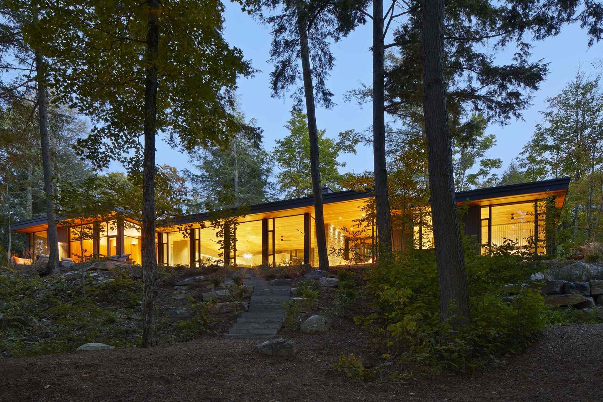 Dark timber cladding, floor-to-ceiling lake views, and warm Douglas fir ceilings create a striking lakeside cottage that blends architecture with its forest setting.